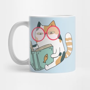 Cute Calico cat reading a book with glasses Mug